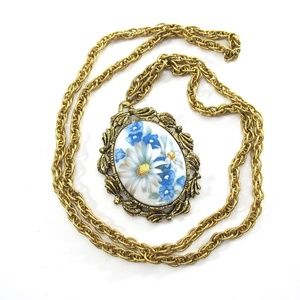 Daisy Pendant Mirror Necklace, Painted, Blue, 60's